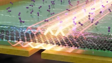 Illustration of an on-chip molecular vibration sensor based on a graphene IR detector, where phonon polaritons (bright rays) enhance the molecular fingerprint signal encoded in the photocurrent. (Credit: Dr. David Alcaraz, ICFO) Nature Communications